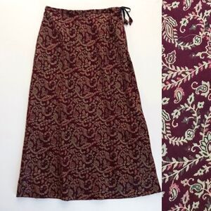 NEW Sacred Threads Maxi Skirt Burgundy Tapestry Fabric Tie Waist Lined Sz L